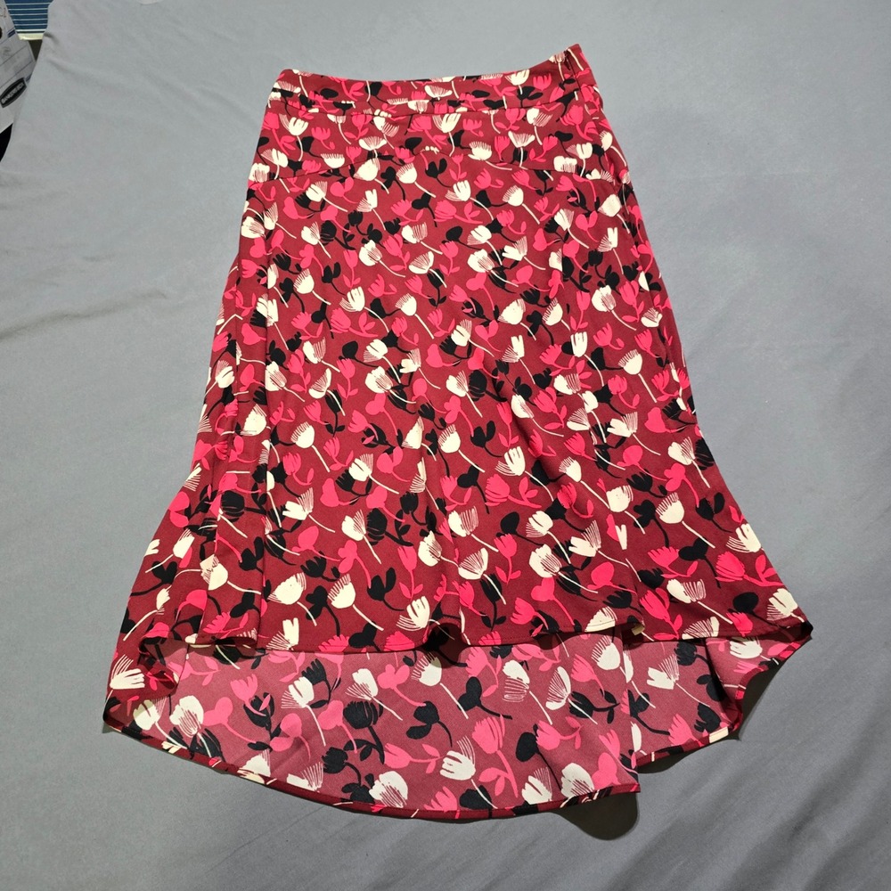 Cabi‎ High-Low Midi Skirt Womens 8 Burgundy Pink Floral Tulip Print 4212